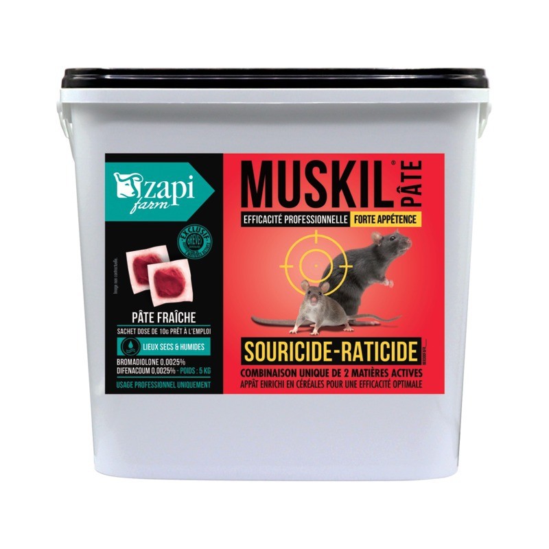 SOURICIDE RATICIDE PRO MUSKIL PATE DIFENACOUM & BROMADIOLONE SACHET 10G / SEAU 5KG SOURICIDE RATICIDE PRO MUSKIL PATE DIFENACOUM & BROMADIOLONE SACHET 10G / SEAU 5KG