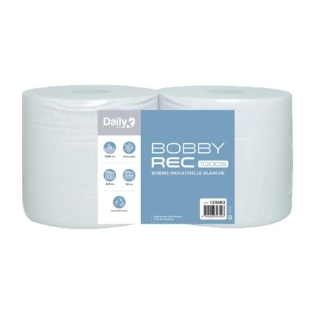 Bobine Industrielle Blanche Bobby Rec 1000S – Ouate Recyclée – 2 Plis – Pack de 2