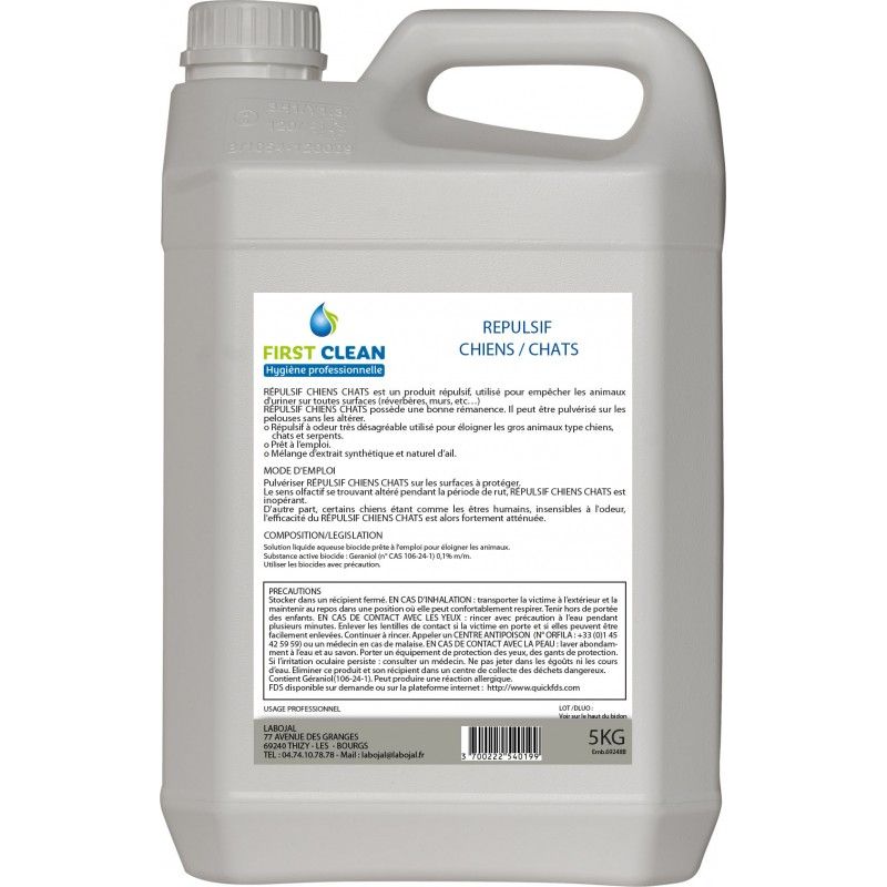 Répulsif Chiens, Chats et Serpents PHY 18 NF – Prêt à l’Emploi – Haute Rémanence - Bidon de 5L