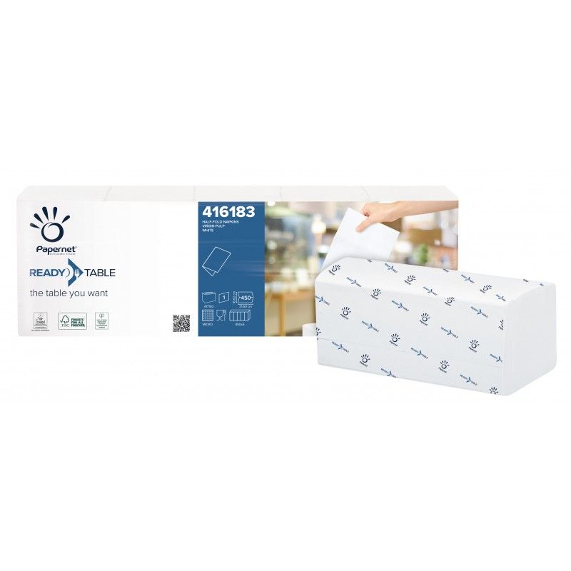 Serviette 1pl. PO blanc READYTABLE pliés 1/2 ECOLABEL - Colis 18000 Serviette 1pl. PO blanc READYTABLE pliés 1/2 ECOLABEL - Colis 18000