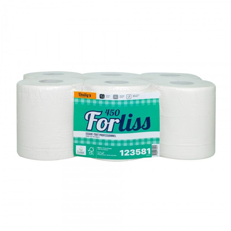 FORLISS 450 Essuie-tout 450 fts lisse p. ouate Ecolabel blanc - 6 rlx FORLISS 450 Essuie-tout 450 fts lisse p. ouate Ecolabel blanc - 6 rlx