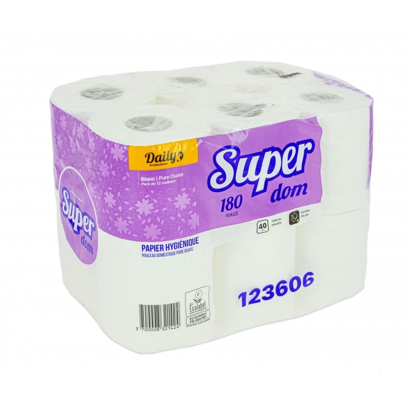 SUPER DOM180 PH gaufré p. ouate Ecolabel blanc 180 feuilles - 96 rlx SUPER DOM180 PH gaufré p. ouate Ecolabel blanc 180 feuilles - 96 rlx